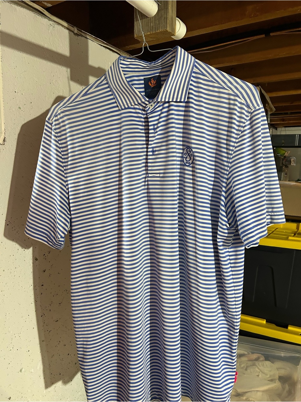 Men's Blue and White Striped Polo with Subtle Chest Emblem